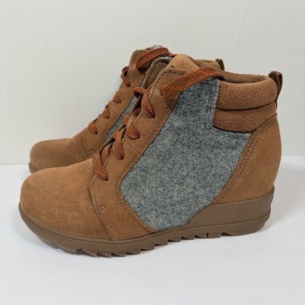 Sorel Evie Lace‎ Up Wedge Leather Ankle Suede Bootie Women's Sz 6 Brown